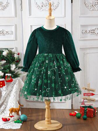 Girls' Long Sleeve Green Velvet Snowflake & Star Print Mesh Patchwork Dress, Children Party Birthday Performance Christmas Dress, Spring/Autumn