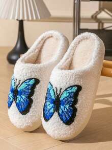 Cartoon Butterfly Design Women's Autumn&Winter Soft And Warm Fluffy Slippers Anti-Skid Home Indoor Bedroom Comfortable Casual Plush House Slippers - White - View 7