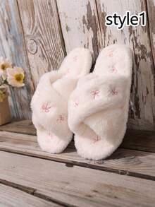 1pair Women's Cozy Faux Fur Slip-On Slippers With Pink Bow Embroidery - Stylish All-Season Indoor Flat Shoes, Casual Comfort Wear, Hand Washable, Casual Footwear | Stylish Slippers | Soft Texture,Women's Faux Fur Embroidered Slippers With Pockets, Sole For Noise Reduction, All-Season Indoor House Shoes, Ladies Slippers, Comfortable Footwear, Elegant Slipper Design