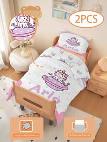 Set de lenjerie de pat personalizat pentru copii cu unicorn drăguț, 2 buc., imprimare față-verso, personalizată (1 față de pernă imprimată pe o singură față + 1 husă de pilotă imprimată față-verso), set pentru creșă/grădiniță, husă de pilotă cu model drăguț imprimat digital, husă de pilotă și față de pernă pentru copii mici, bebeluși, sugari, copii (dimensiunea feței de pernă de 90 * 200/135 * 200 este 50 * 75)