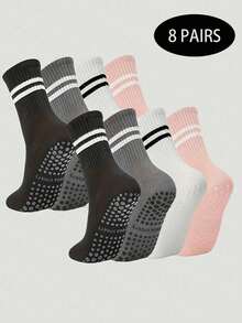 3/5/6/8 双女士普拉提防滑袜，普拉提粘性袜，抓地力瑜伽袜，适合所有季节，黑色、白色、粉色 - 彩色 - 查看 8