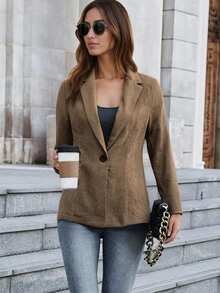Women's Blazer Jacket Long Sleeve Turn Down Collar Solid Color Cardigan Button Jacket For Casual Formal Occasions - Brown - View 1