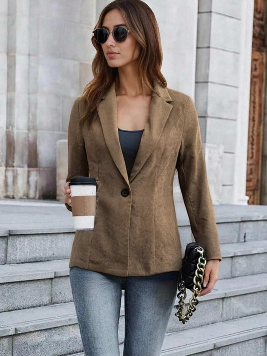 Women's Blazer Jacket Long Sleeve Turn Down Collar Solid Color Cardigan Button Jacket For Casual Formal Occasions - Brown - View 1