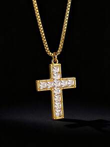 Inlaid Square Zirconia Cross Necklace For Men 18K Gold Plated Box Chain Stainless Steel Necklaces Luxury Design Cross Charm Jesus Religious Style Jewelry Daily Wear