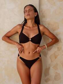 Swim Chiccia 夏季海滩女式纯色露背胸罩和泳裤比基尼套装泳衣棕色比基尼两件套比基尼 - 咖啡棕 - 查看 1