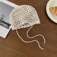 DIY Pearl Bow Pendant Hollow Handmade Knitted Pullover Hat Street Breathable Short Brim Personalized Skull Beanie Cap Korean - Red - View 4