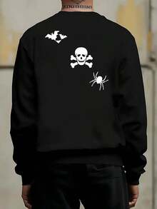 Men's Gothic Japanese Anime Vampire & Spider Web Print Sweatshirt - Green Oversized Loose Fit Round Neck Long Sleeve Pullover, Casual Streetwear For Halloween, Autumn Winter Layering,Fall Hoodies,Men's Fall Clothes,Street Wear,Halloween,Mens Hoodies,Y2k Clothes,Jesus Hoodie,Thanksgiving Day,Nightmare Before Christmas,Christmas - Black - View 1