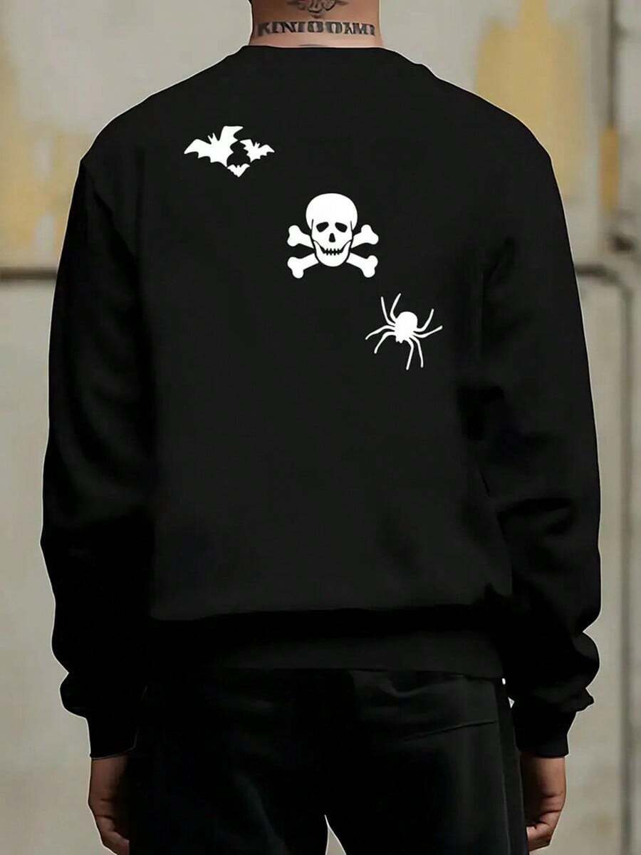 Men's Gothic Japanese Anime Vampire & Spider Web Print Sweatshirt - Green Oversized Loose Fit Round Neck Long Sleeve Pullover, Casual Streetwear For Halloween, Autumn Winter Layering,Fall Hoodies,Men's Fall Clothes,Street Wear,Halloween,Mens Hoodies,Y2k Clothes,Jesus Hoodie,Thanksgiving Day,Nightmare Before Christmas,Christmas - Black - View 1