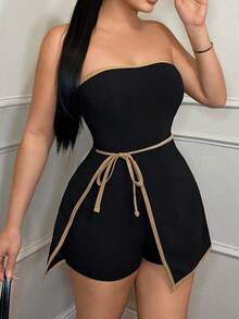 Balogun Summer Street Solid Color Slim Fit Jumpsuit Sleeveless Tube Booty Bandage Romper Club For Women - 黑色 - 查看 3