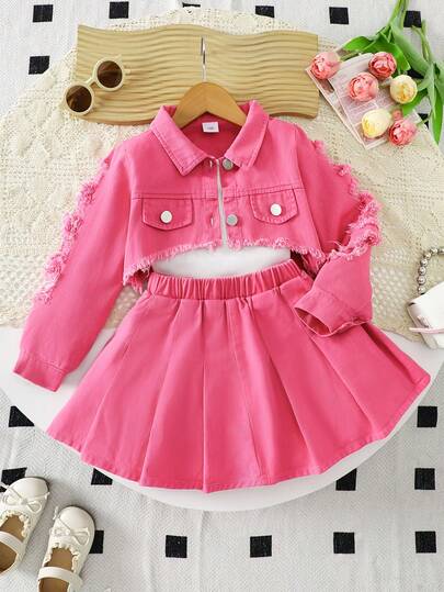 3pcs Girls Autumn/Winter Denim Outfit - Distressed Cropped Top, Denim Jacket, Denim Skirt With Ribbed Camisole, Casual Versatile School Style