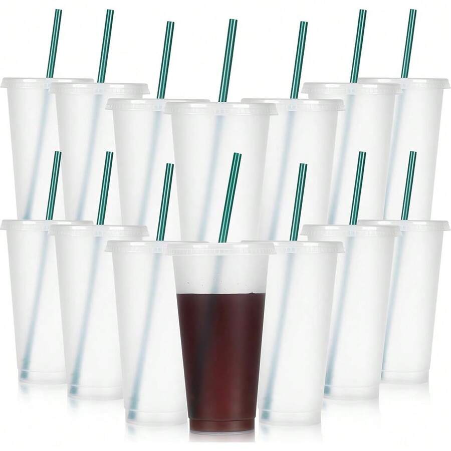 30/20/10 Pack Fashionable Plastic Cup With Lids And Green Straws-24oz Reusable Plastic Cup, Portable And Watertight, Suitable Party And Outdoor Entertainment Fit Adults, Women, Party, Halloween Gifts Summer Beaches, Weddings, Offices, Picnics, Take Photos - 透明+墨綠吸管 - 查看 1