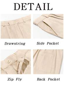 Men's Elastic Waist Beach Joggers Linen Cotton Drawstring Closure Lightweight Loose Style Yoga Ready - 米色 - 查看 5