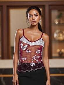Women V Neck Sequin Cami Top .Y See Through Strape Camisole Cute Beaded Top Going Out Party Outfits - Màu Đỏ Sâu - Xem 4