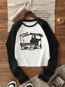 女式休闲短款插肩袖T恤，卡通字母印花，拼色，修身，百搭，春秋季 - 黑與白 - 查看 4