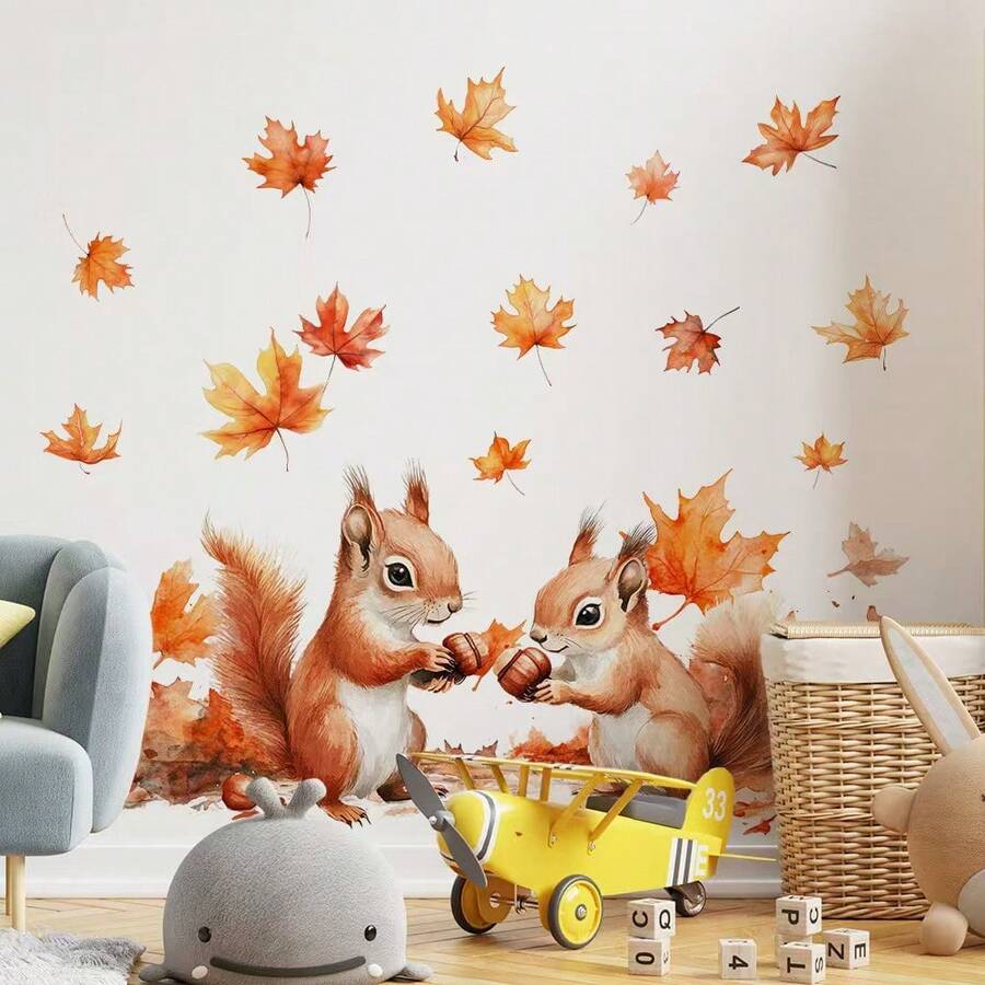 1 Set Autumn Maple Leaf & Squirrel Window Clings, For Thanksgiving, Room, Home Decor, Windows, Autumn Party, Doors, Storefront, Family Gathering, Holiday Celebration, Atmosphere Decoration, Theme Party, Reusable - Multicolor - View 1