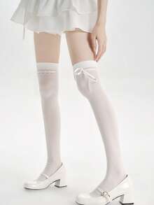 1 双亲肤透气时尚百搭甜美蝴蝶结蕾丝过膝袜，Y2k - 彩色 - 查看 6