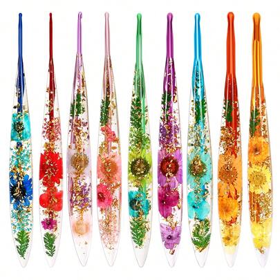 1pc/3pcs/9pcs New Resin Floral Extended Metal Single-Ended Crochet Hooks, Solid Aluminum Knitting Needles For DIY Knitting, 2mm-6mm