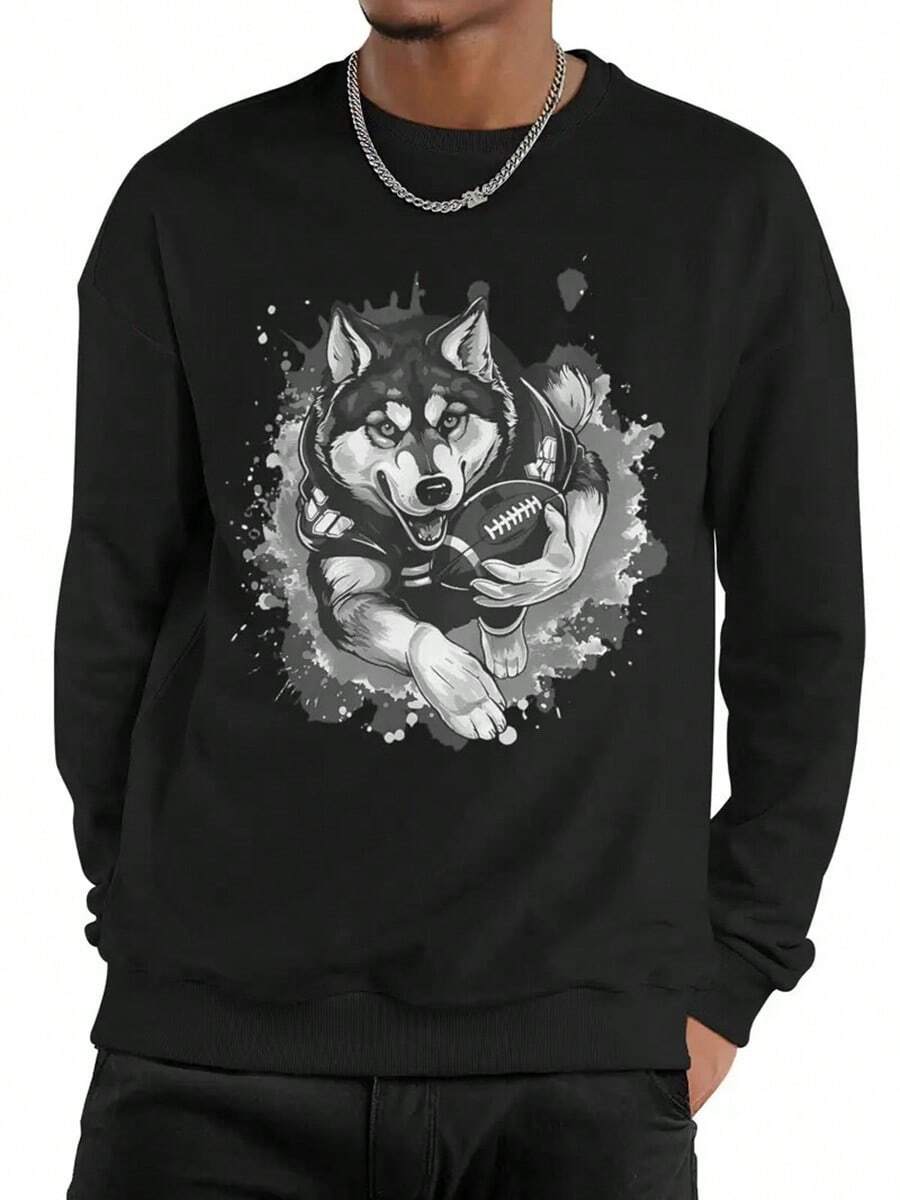 ELE Husky Dog Animal Playing American Football Sports T Shirt Men'S Clothes Crew Neck Long Sleeve Funny Pattern Hoodie,Fall Hoodies,Men's Fall Clothes,Street Wear,Halloween,Mens Hoodies,Y2k Clothes,Jesus Hoodie,Thanksgiving Day,Nightmare Before Christmas,Christmas - Black - View 1