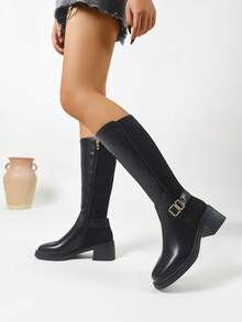 2025 Botas Femininas Cano Alto de Salto Grosso, Bico Redondo, Outono/Inverno Mais Recente, Retalhos de Couro e Camurça, Estilo Ocidental, Confortável, Casual, Elegante, Sexy, Moda, Adequado para Bailes, Festas, Festivais de Música, Passeios ao Ar Livre, Etc.