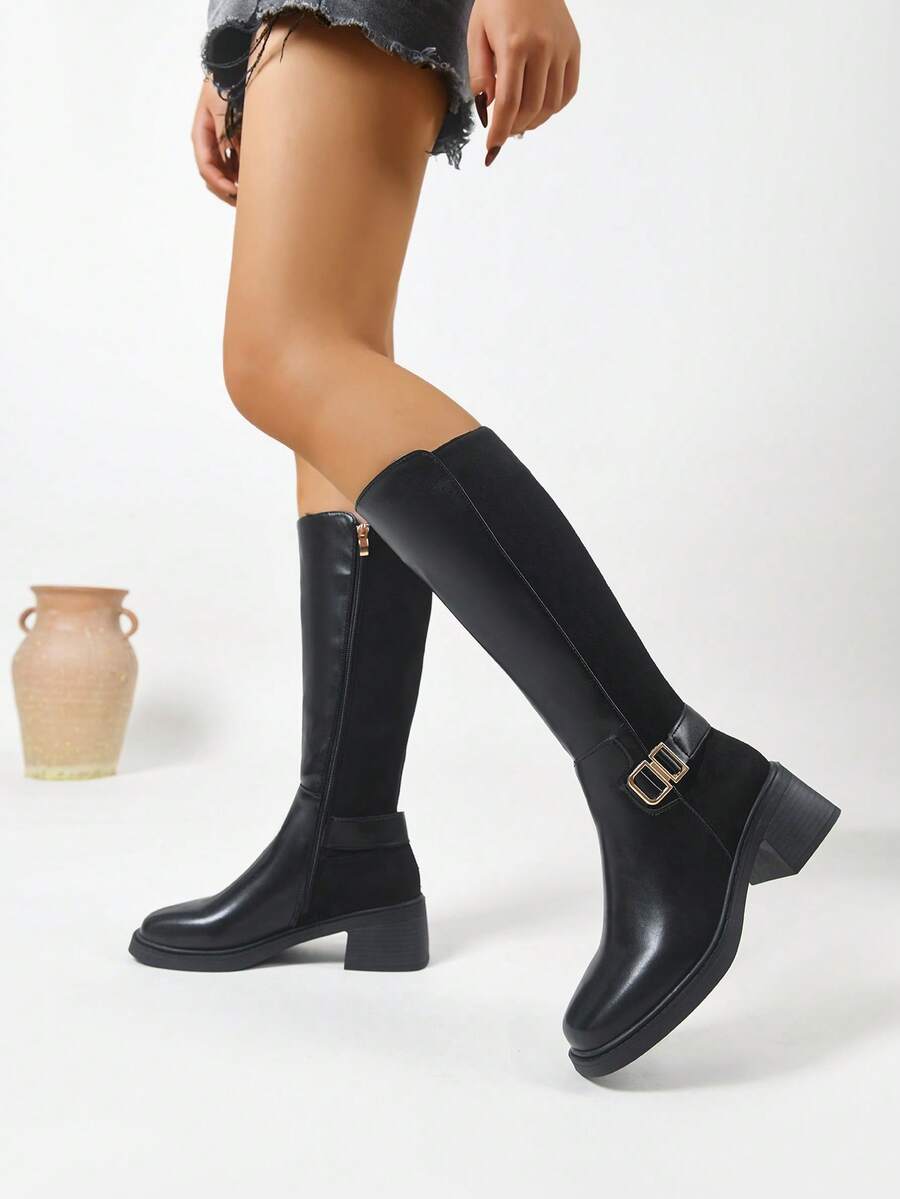 2025 Botas Femininas Cano Alto de Salto Grosso, Bico Redondo, Outono/Inverno Mais Recente, Retalhos de Couro e Camurça, Estilo Ocidental, Confortável, Casual, Elegante, Sexy, Moda, Adequado para Bailes, Festas, Festivais de Música, Passeios ao Ar Livre, Etc.