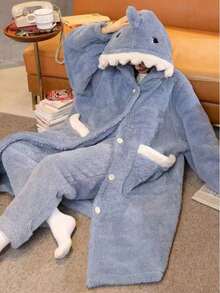 女士舒适鲨鱼主题珊瑚绒睡袍 - 可爱、厚实、温暖的冬季家居服，带口袋，舒适的法兰绒，万圣节和圣诞节必备睡袍，保暖防寒