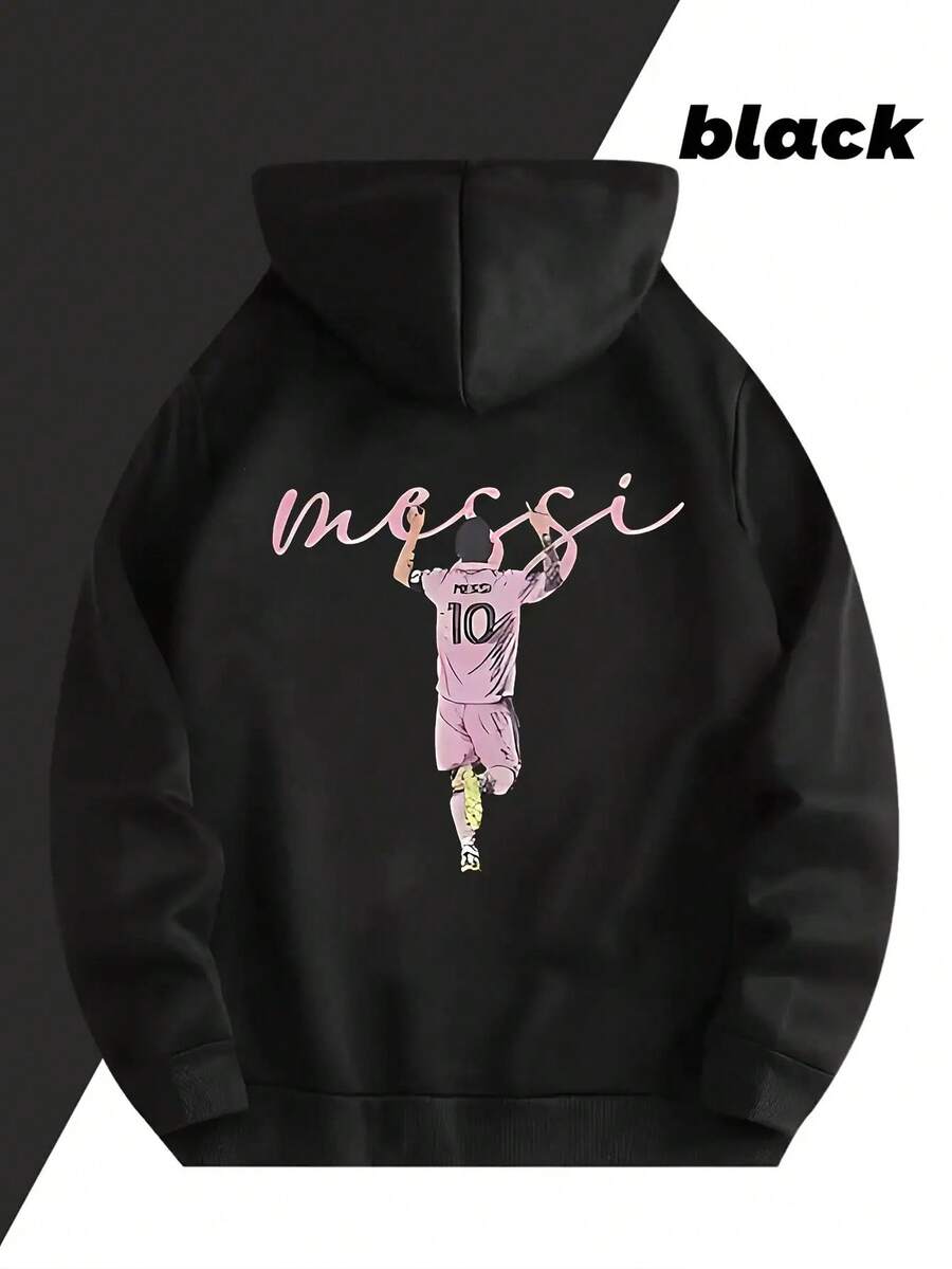 Men's Soccer Graphic Print Hooded Sweatshirt - Bright Pink With Messi Action Design & Number 10 Jersey,  Pocket, Drawstring Hood, Casual Sporty Pullover For Soccer Fans, Machine Washable All-Season Comfort - 黑色 - 查看 1