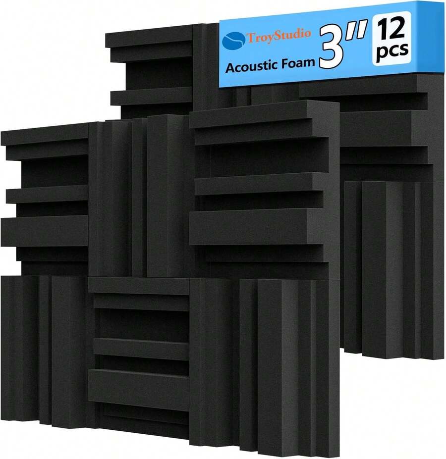 TroyStudio Thickened 12 X 12 X 3 Inch Acoustic Foam Panels In Diffusion Pattern, 12 Pcs High Density Sound Absorbing Foam Diffuser, Soundproof 3D Wall Padding Tiles For Recording Studio Home Office