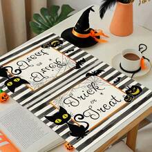 4 piezas Manteles individuales de lino con estampado de fantasma a rayas y gatito para Halloween - Manteles rectangulares de lino tejido para decoración de comedor, cocina, mesa de café y mesa de comedor - Multicolor - Ver 7