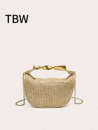 Damhandväska i stråväska med metallhandtag, nischdesign, mångsidig och trendig vintage-axelväska med metallkedja.