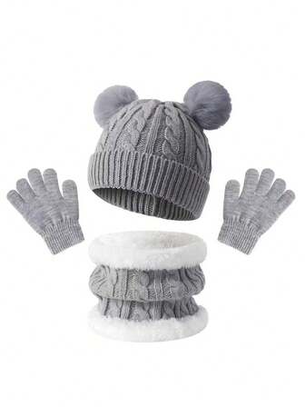 1 Set de 3: Gorro + Bufanda + Guantes, Accesorios de invierno para niños de unicolor, gruesos, suaves y cálidos