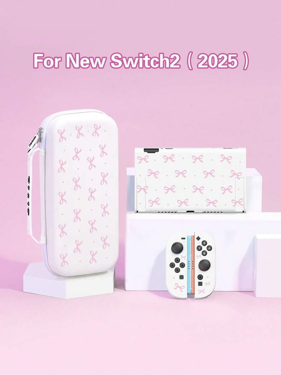 1 件粉色波尔卡圆点蝴蝶结图案保护壳，适用于 2/Switch NS/Switch OLED/Lite，配件适用于 Switch 游戏机，全套包括储物袋、卡槽底座，是适合 Switch 玩家的最佳礼物 - 彩色 - 查看 1