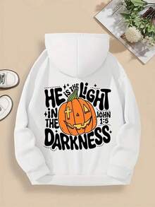 MEN's Christian Hoodie He Is The Light In The Darkness-John  Bible Verse - Light Grey Faith Sweatshirt With Jesus & Lamp Design, Casual Hooded Pullover For Church,Fall Hoodies,Men's Fall Clothes,Street Wear,Halloween,Mens Hoodies,Y2k Clothes,Jesus Hoodie,Thanksgiving Day,Nightmare Before Christmas,Christmas - White - View 1