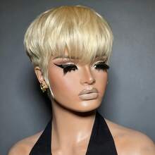 613 Blonde Short Pixie Cut Human Hair Wig With Bangs Layered Straight Style 180% Density Brazilian Remy Human Hair Blonde Laceless Design For Women Versatile For Music Festival Mother's Day Carnival Valentine's Day Halloween All Saints' Day Christmas Day Cosplay Spring Summer Autumn Winter Local Warehouse Wear And GO New Product Discounts Wigs - Gold - View 13