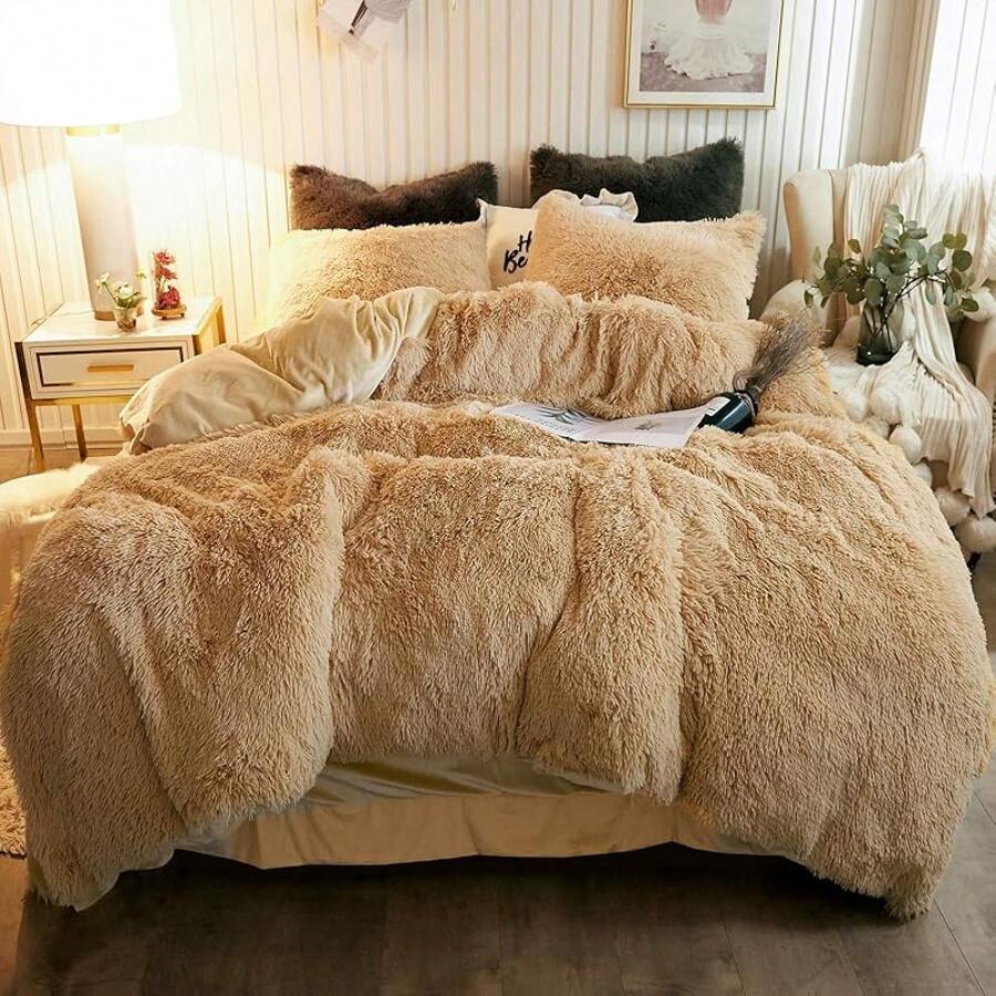Plush Shaggy Duvet Cover Set, Ultra Soft Fluffy Bedding Sets 3 Pieces (1 Fuzzy Comforter Cover + 2 Pillow Cases), Zipper Close (, Pink), Luxury Bedding - 駝色 - 查看 1