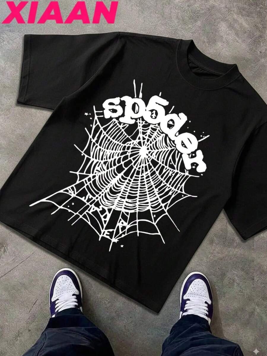 Sp5der Shirt, Men's T-Shirt, Boyfriend Gift, Basic T-Shirt 100% Pure Cotton, Soft And Comfortable, Suitable For Autumn, Pairs Well With Hoodies. Men's Autumn Top, Locally Produced And Shipped - 黑色 - 查看 1