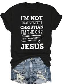 [Camiseta de Moda Casual] Camiseta de Mujer Suave y Cómoda - Diseño de Cita de Fe de Jesús Casual de Manga Corta Cuello Redondo, Regalo Perfecto para Abuela y Mamá, Uso Casual de Primavera Verano - Negro - Ver 1