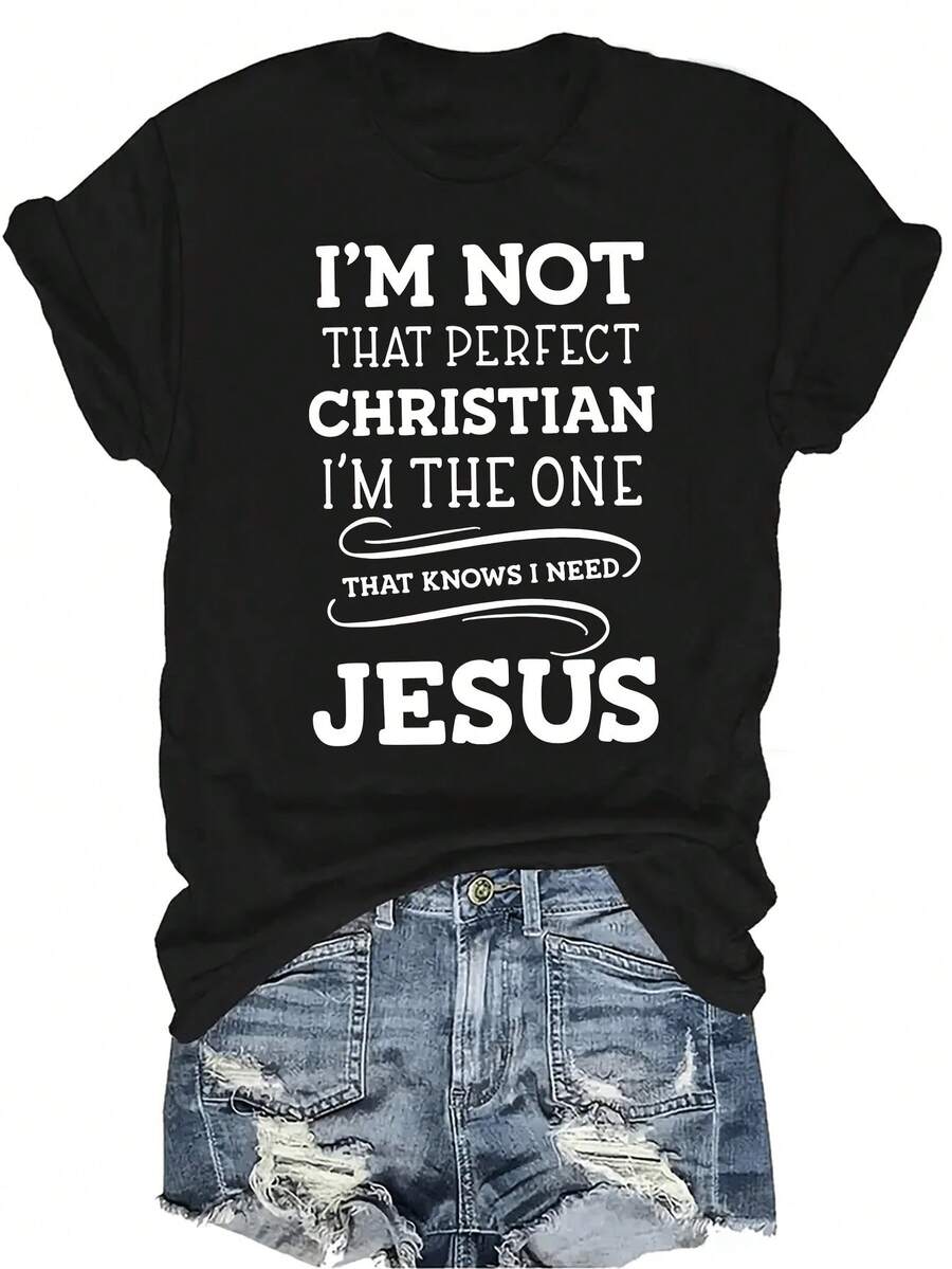 [Camiseta de Moda Casual] Camiseta de Mujer Suave y Cómoda - Diseño de Cita de Fe de Jesús Casual de Manga Corta Cuello Redondo, Regalo Perfecto para Abuela y Mamá, Uso Casual de Primavera Verano - Negro - Ver 1