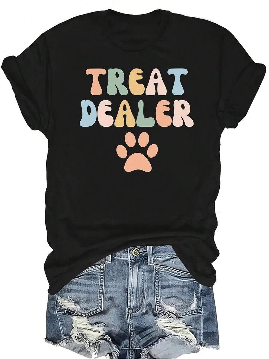 [Camiseta de Moda Casual] Camiseta de Mujer Suave y Cómoda - Estampado de Pata de Distribuidor de Golosinas Casual de Manga Corta y Cuello Redondo, Regalo Perfecto para Abuela y Mamá, Uso Casual de Primavera y Verano - Negro - Ver 1