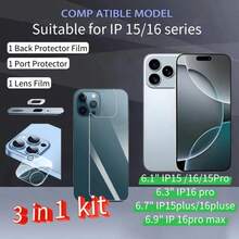 [Kit 3 en 1] Kit de protección completa compatible con iPhone 15 Plus/16/17 Pro Max - Película protectora para la parte trasera + Protector de lente de cámara + Protector de puerto, anti-arañazos, compatible con fundas, protector de pantalla de vidrio anti-arañazos y anti-huellas dactilares, sin burbujas, ultra claro con 99.99% de transparencia