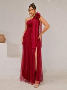 Long One-Shoulder Dress With Glittery Flower - Redwood - View 3