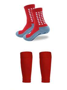 1 Set Grey Football Non-Slip Socks + Leg Sleeves, Thick Wear-Resistant Odor-Resistant Sports Cycling Socks