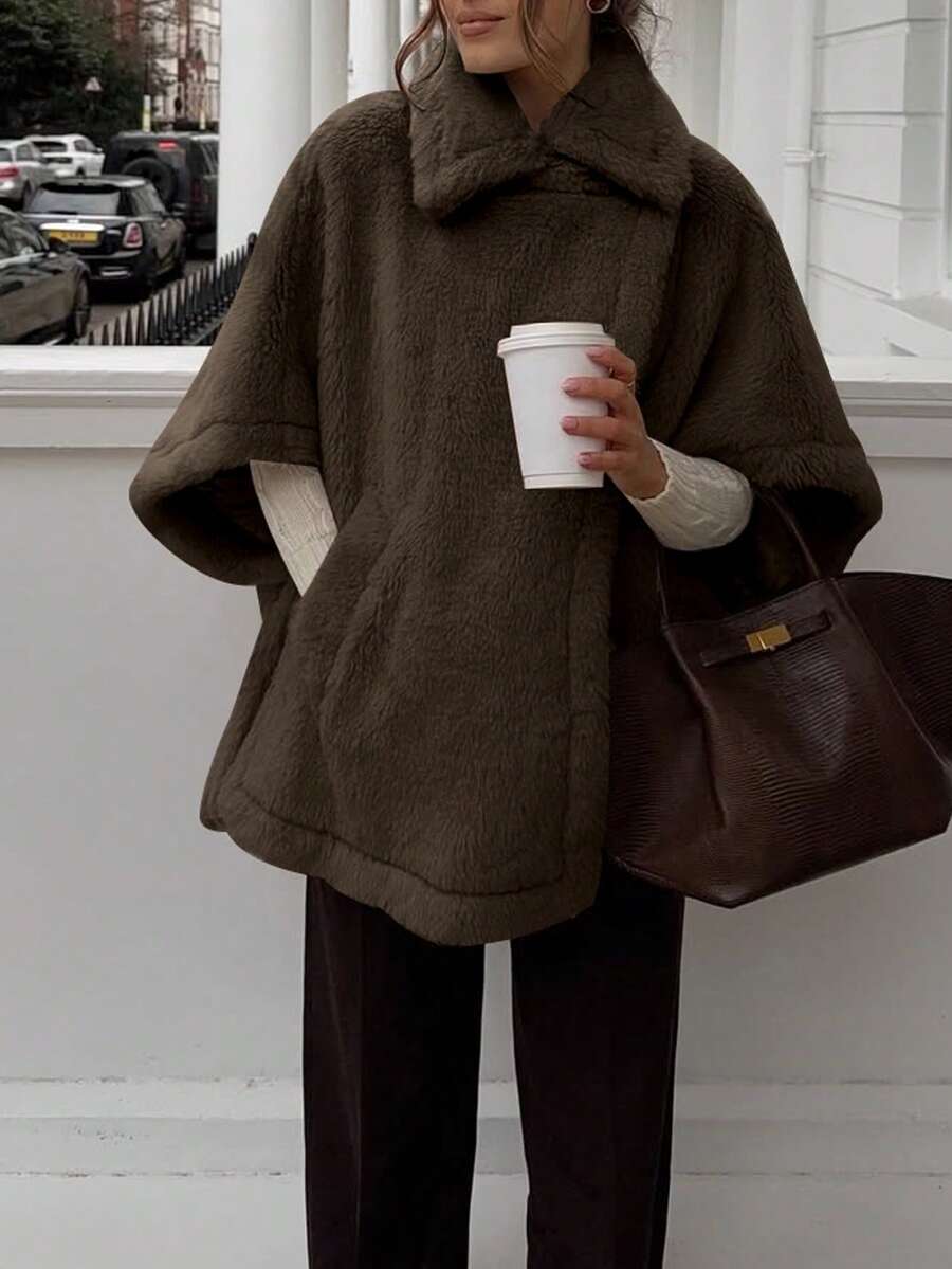 Chaqueta tipo poncho de mujer elegante y casual para uso diario y en casa, de unicolor, de forro polar suave con bolsillos y cremallera