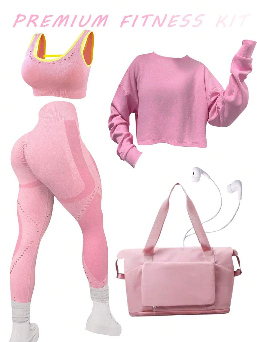 Seamless Macaroon Color Sports Bra With Padded Cups & Wide Straps + High Waist Tummy Control Fitness Leggings, Fashionable For Women