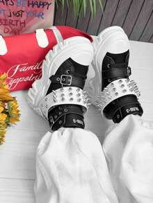 SLnU3 SLNU★3 Fashion Casual Thick Sole Elevated Punk Style Double Row Cone Decor Unisex Boots, Suitable For Outdoor, Party, Street, Campus, All Seasons - White Cones - View 2