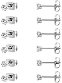 MDFUN 6 Pairs Stud Earrings Sets 3-8MM 18K Gold Plated Round 5A+ Cubic Zirconia Earrings CZ 6 Prong Ears Jewelry Women - 3MM-白金 - 查看 12