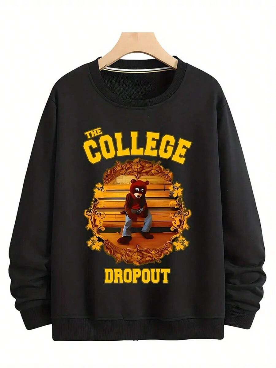 Men's The College Dropout Graphic Sweatshirt - Soft Polyester, Long Sleeve, Crew Neck - Machine Washable - Inspired By,Fall Hoodies,Men's Fall Clothes,Street Wear,Halloween,Mens Hoodies,Y2k Clothes,Jesus Hoodie,Thanksgiving Day,Nightmare Before Christmas,Christmas - 黑色 - 查看 1