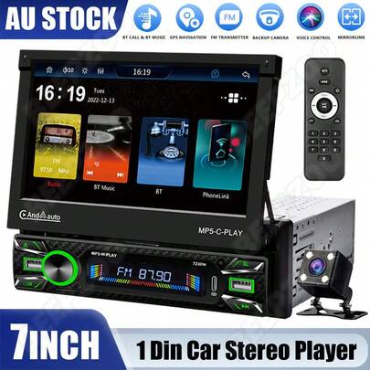 Flip Out Car Radio Mirror Link - For Apple Carplay Android Auto Car Stereo Single Din Head Unit Car Audio Bluetooth Car Radios Wireless 7" Screen GPS BT With Remoter