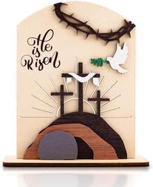 B&T  Christian Home Decor, He Is Risen Wooden Easter Decor – Christian Resurrection Scene With Empty Tomb & Cross, Religious Table Decorations For Home, Church, Office, Shelf, Desk, Tiered Tray - W - View 10