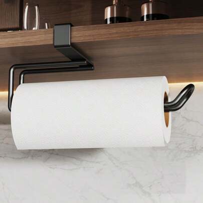 Soporte de papel de cocina de metal negro de moda - No se requiere perforación, estante de almacenamiento montado en la puerta del gabinete, ideal para otoño/invierno, regalo perfecto de Navidad/Halloween