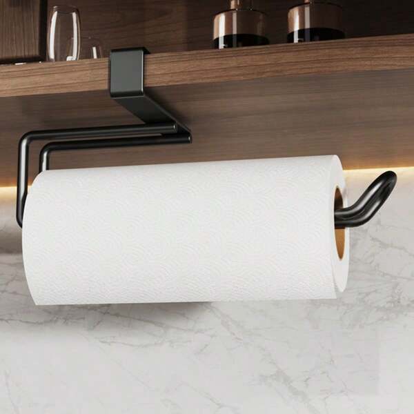 Fashionable Black Metal Kitchen Paper Towel Holder - No Drilling Required, Wall-Mounted Cabinet Door Storage Rack, Ideal For Autumn/Winter, Perfect Christmas/Halloween Gift